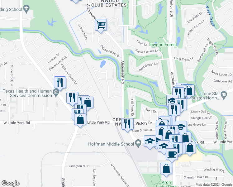 map of restaurants, bars, coffee shops, grocery stores, and more near 6111 Vinewood Drive in Houston
