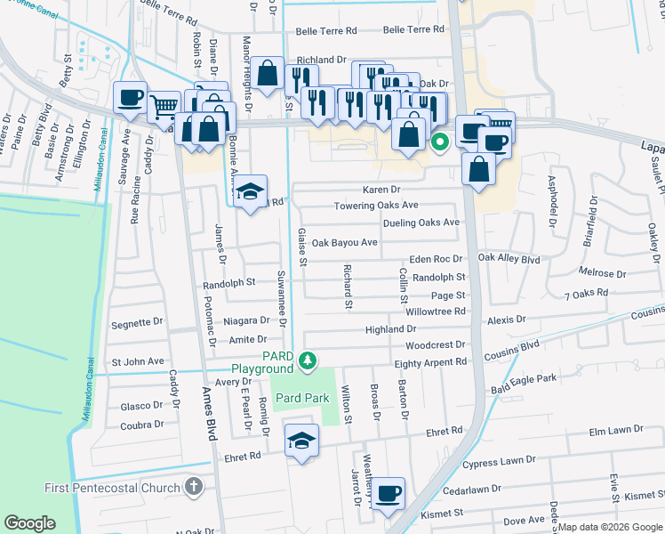 map of restaurants, bars, coffee shops, grocery stores, and more near 5228 Eden Roc Drive in Marrero