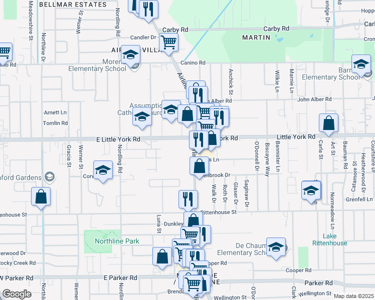 map of restaurants, bars, coffee shops, grocery stores, and more near 7457 Airline Drive in Houston