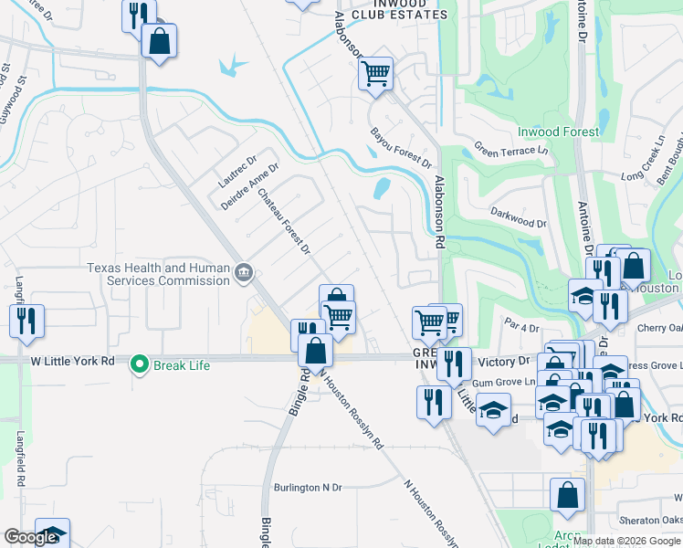 map of restaurants, bars, coffee shops, grocery stores, and more near 6327 Tall Willow Drive in Houston