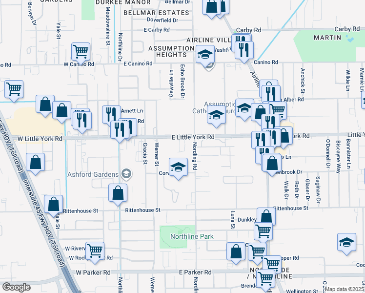 map of restaurants, bars, coffee shops, grocery stores, and more near 510 East Little York Road in Houston