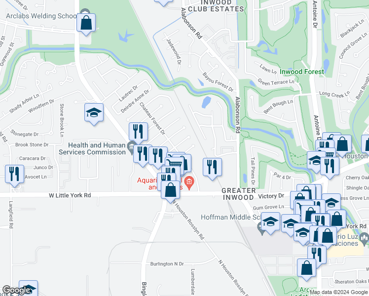 map of restaurants, bars, coffee shops, grocery stores, and more near 6327 Tall Willow Drive in Houston