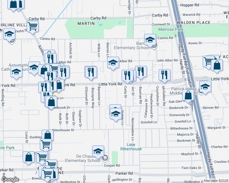 map of restaurants, bars, coffee shops, grocery stores, and more near 433 Cliffside Drive in Houston