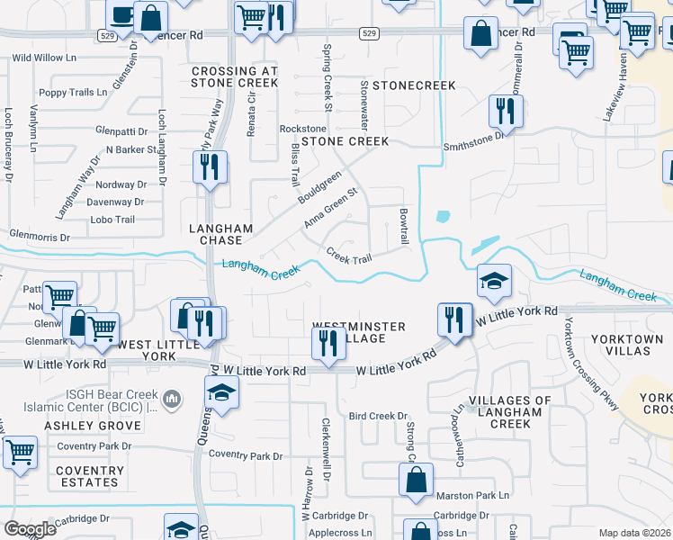 map of restaurants, bars, coffee shops, grocery stores, and more near 16747 Creek Trail in Houston