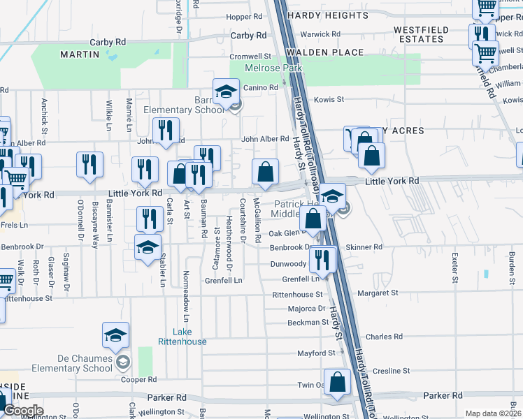 map of restaurants, bars, coffee shops, grocery stores, and more near 701 Cliffside Drive in Houston