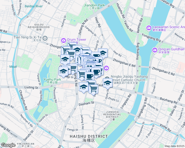 map of restaurants, bars, coffee shops, grocery stores, and more near Kai Ming Jie in Ning Bo Shi