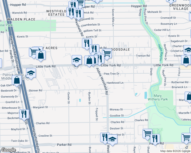 map of restaurants, bars, coffee shops, grocery stores, and more near 10645 Aldine Westfield Road in Houston