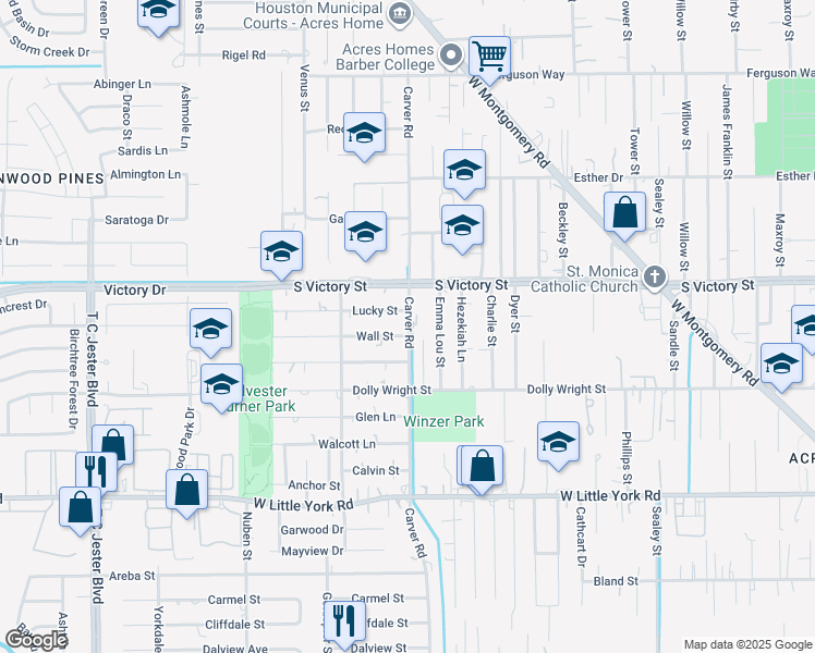 map of restaurants, bars, coffee shops, grocery stores, and more near 7517 Carver Road in Houston
