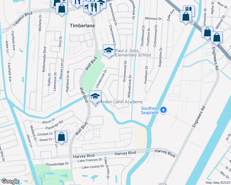 map of restaurants, bars, coffee shops, grocery stores, and more near 645 Bannerwood Drive in Gretna
