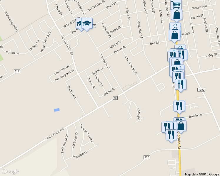 map of restaurants, bars, coffee shops, grocery stores, and more near 1011 Crockett St in Lockhart