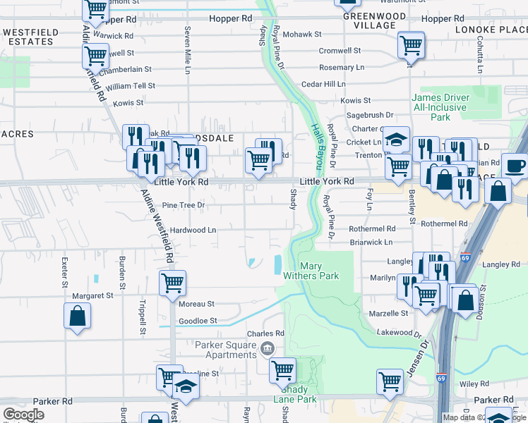 map of restaurants, bars, coffee shops, grocery stores, and more near 2626 Pine Tree Drive in Houston