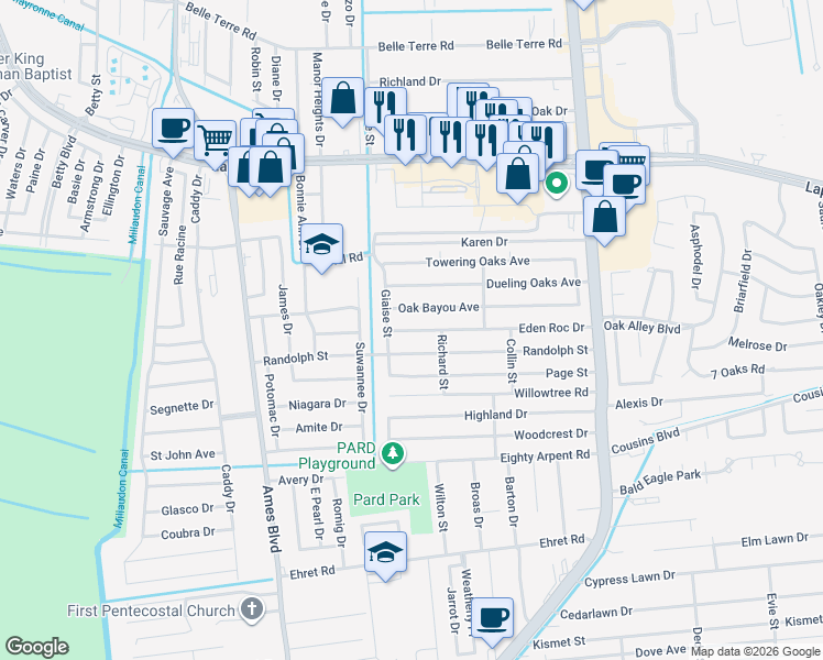 map of restaurants, bars, coffee shops, grocery stores, and more near 5228 Eden Roc Drive in Marrero