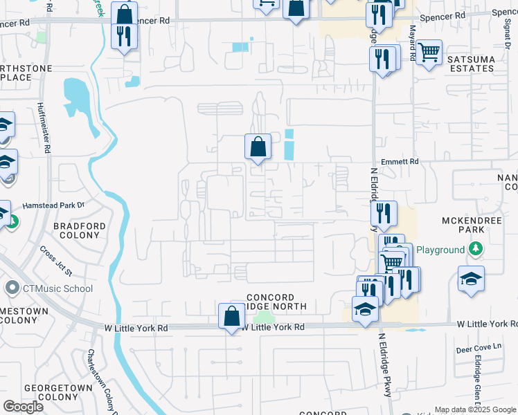 map of restaurants, bars, coffee shops, grocery stores, and more near 6415 Lozano Drive in Houston