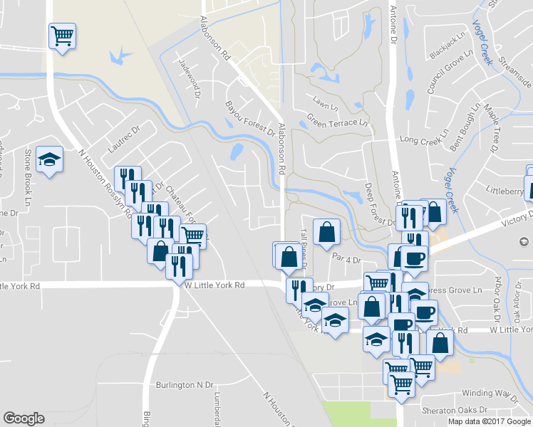 map of restaurants, bars, coffee shops, grocery stores, and more near 6706 Wagonwheel Lane in Houston