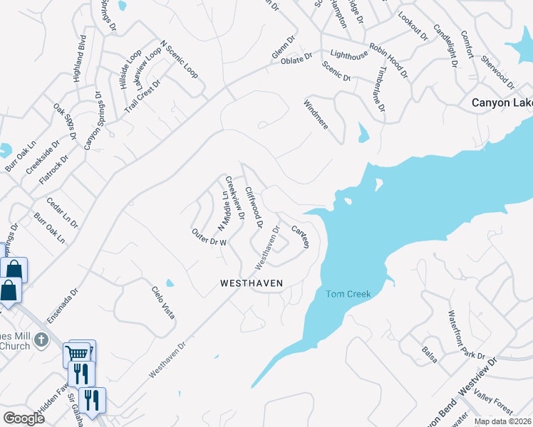 map of restaurants, bars, coffee shops, grocery stores, and more near 135 Canteen in Canyon Lake