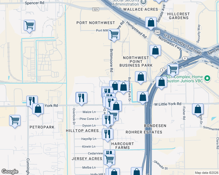 map of restaurants, bars, coffee shops, grocery stores, and more near 6923 Brittmoore Road in Houston