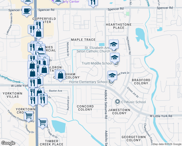 map of restaurants, bars, coffee shops, grocery stores, and more near 15118 Cabots Landing Drive in Houston