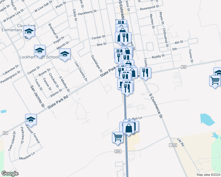 map of restaurants, bars, coffee shops, grocery stores, and more near 1035 Meadow Park Lane in Lockhart