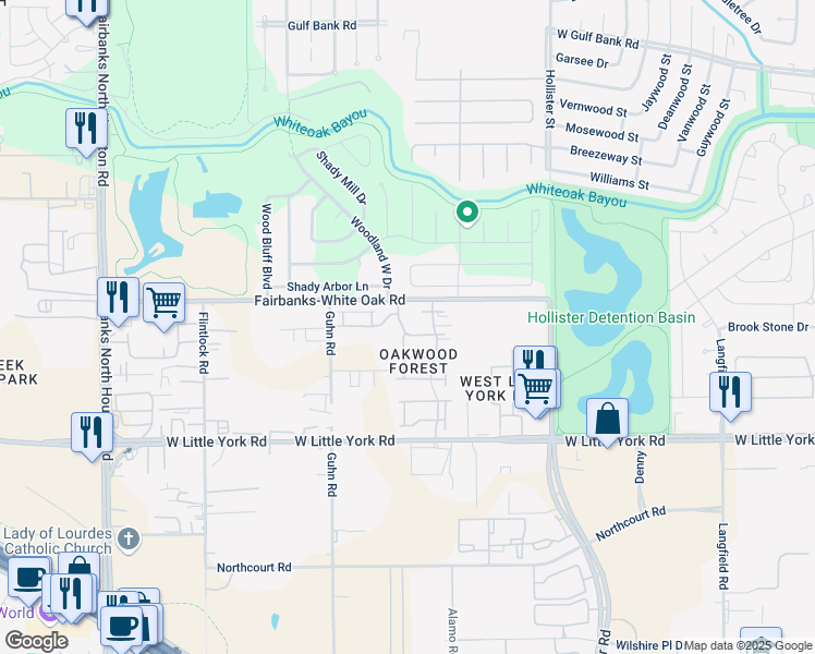 map of restaurants, bars, coffee shops, grocery stores, and more near 8028 Oakwood Forest Drive in Houston