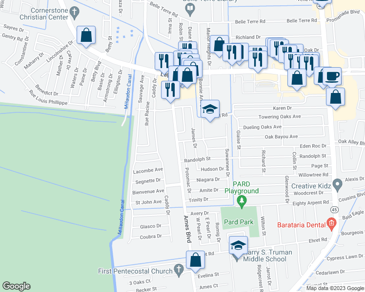 map of restaurants, bars, coffee shops, grocery stores, and more near 2124 Potomac Drive in Marrero
