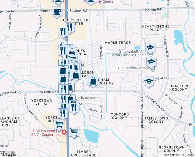 map of restaurants, bars, coffee shops, grocery stores, and more near 6446 Kentwick Drive in Houston