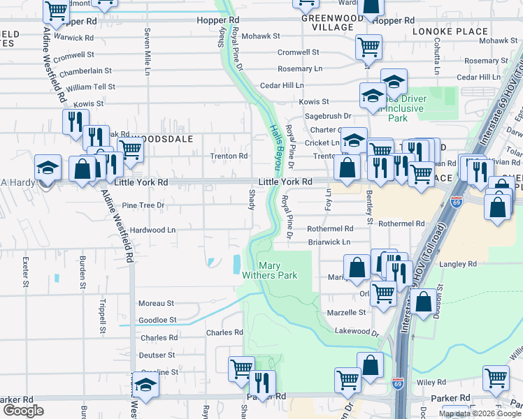 map of restaurants, bars, coffee shops, grocery stores, and more near 10636 Shady in Houston