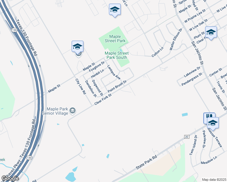 map of restaurants, bars, coffee shops, grocery stores, and more near 1614 Paint Brush Drive in Lockhart