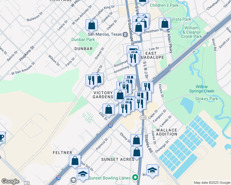 map of restaurants, bars, coffee shops, grocery stores, and more near 412 Knox St in San Marcos