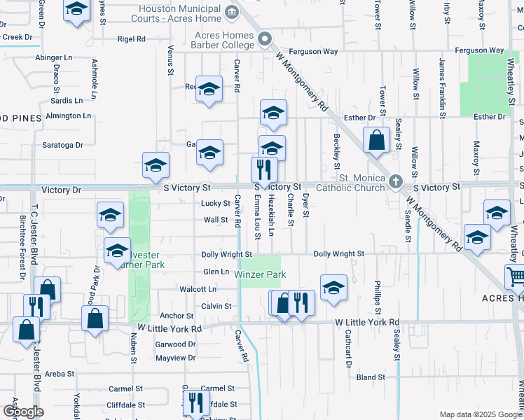 map of restaurants, bars, coffee shops, grocery stores, and more near 7506 Emma Lou Street in Houston