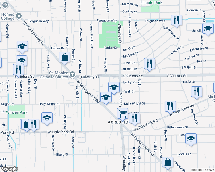 map of restaurants, bars, coffee shops, grocery stores, and more near 7515 Burt Street in Houston