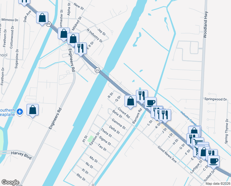 map of restaurants, bars, coffee shops, grocery stores, and more near 101 R Street in Belle Chasse