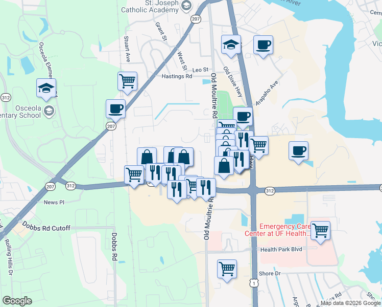 map of restaurants, bars, coffee shops, grocery stores, and more near 1700 Lakeside Avenue in St. Augustine