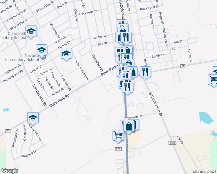 map of restaurants, bars, coffee shops, grocery stores, and more near 1035 Meadow Park Lane in Lockhart
