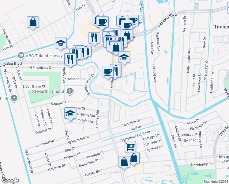 map of restaurants, bars, coffee shops, grocery stores, and more near 2845 Manhattan Boulevard in Harvey