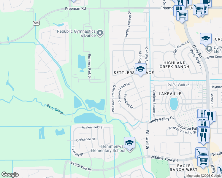 map of restaurants, bars, coffee shops, grocery stores, and more near 6327 Pleasant Stream Drive in Katy