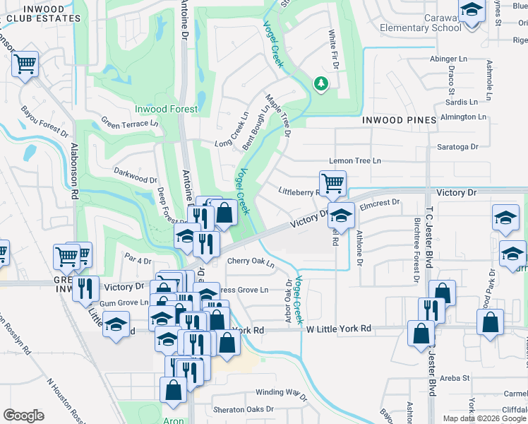 map of restaurants, bars, coffee shops, grocery stores, and more near 7418 Maple Tree Drive in Houston