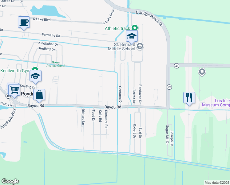 map of restaurants, bars, coffee shops, grocery stores, and more near 2101 Serpas Drive in Poydras