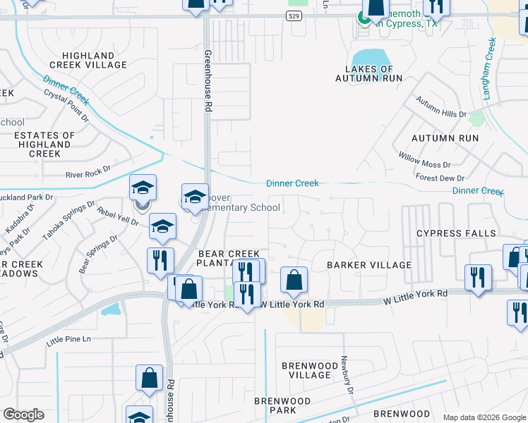map of restaurants, bars, coffee shops, grocery stores, and more near 6627 Lindale Springs Lane in Katy