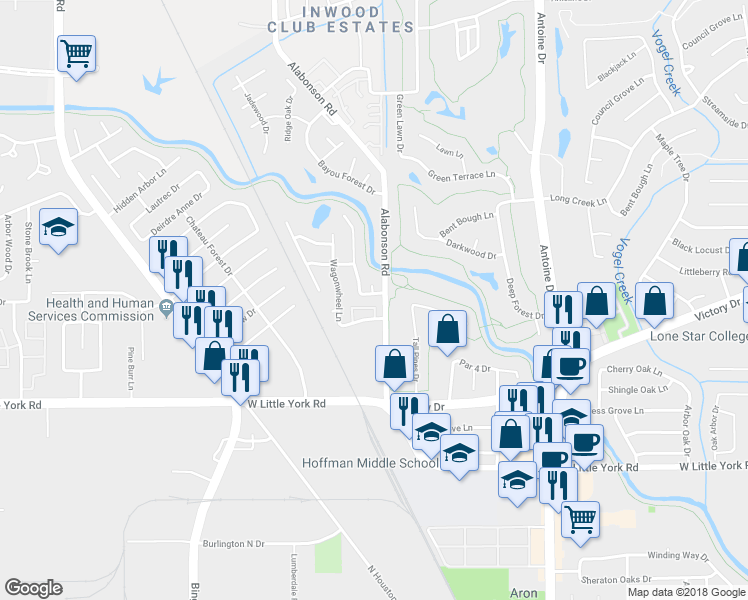 map of restaurants, bars, coffee shops, grocery stores, and more near 6111 Vinewood Drive in Houston