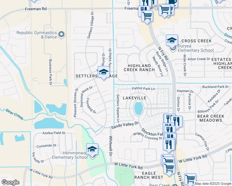 map of restaurants, bars, coffee shops, grocery stores, and more near 6329 Settlers Square Lane in Katy