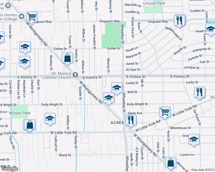 map of restaurants, bars, coffee shops, grocery stores, and more near 7515 Burt Street in Houston