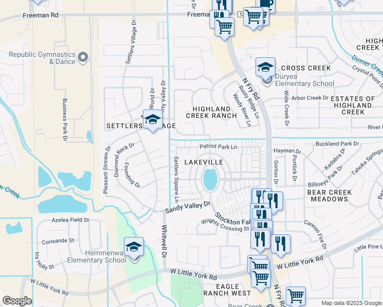 map of restaurants, bars, coffee shops, grocery stores, and more near 20909 Patriot Park Lane in Katy