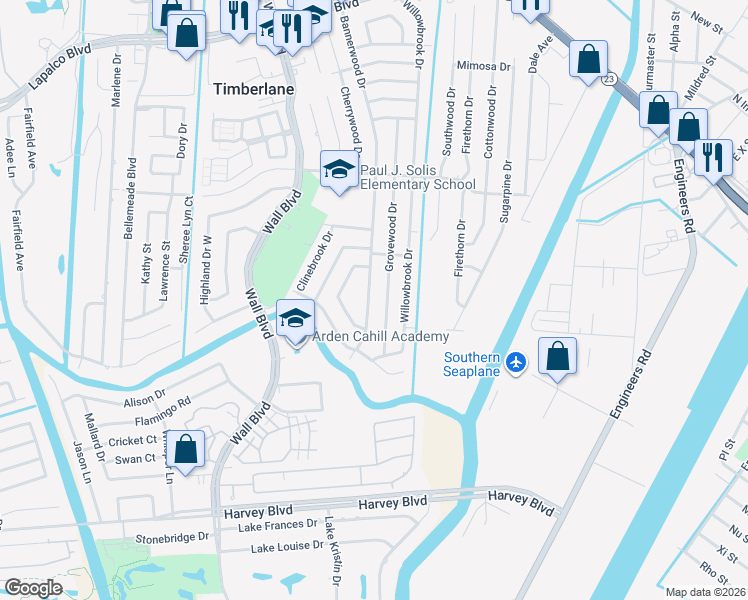 map of restaurants, bars, coffee shops, grocery stores, and more near 645 Bannerwood Drive in Gretna