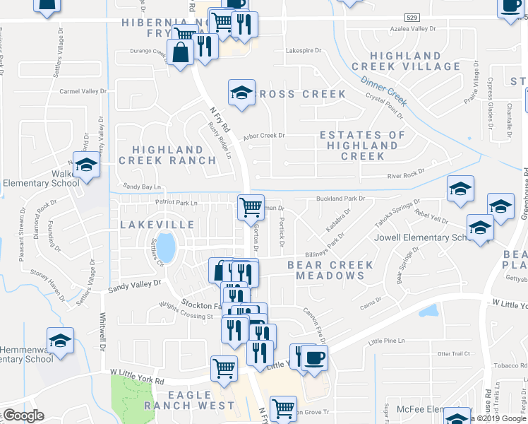 map of restaurants, bars, coffee shops, grocery stores, and more near 19806 Doonside Drive in Katy