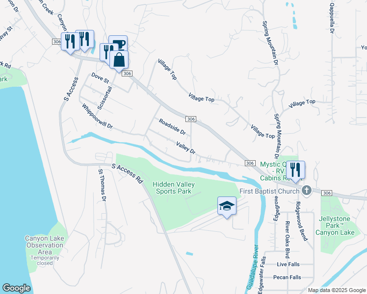 map of restaurants, bars, coffee shops, grocery stores, and more near 1719 Valley Drive in Canyon Lake