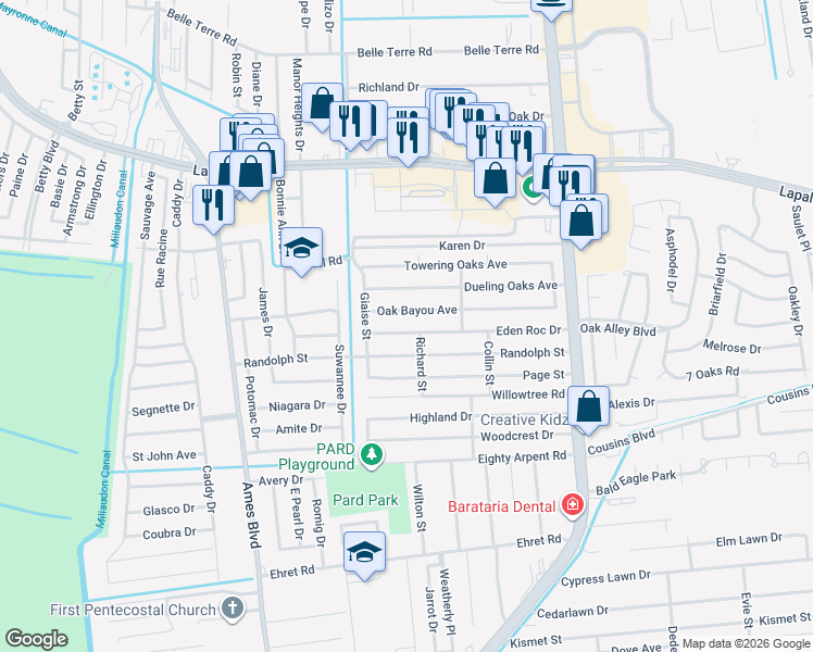 map of restaurants, bars, coffee shops, grocery stores, and more near 5228 Eden Roc Drive in Marrero