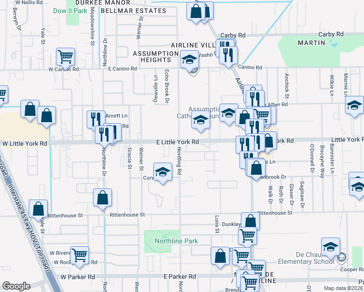 map of restaurants, bars, coffee shops, grocery stores, and more near 602 East Little York Road in Houston