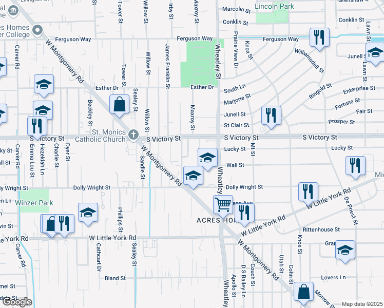 map of restaurants, bars, coffee shops, grocery stores, and more near 7515 Burt Street in Houston