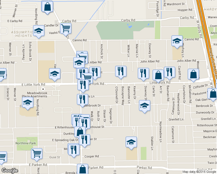 map of restaurants, bars, coffee shops, grocery stores, and more near 246 Little York Rd in Houston