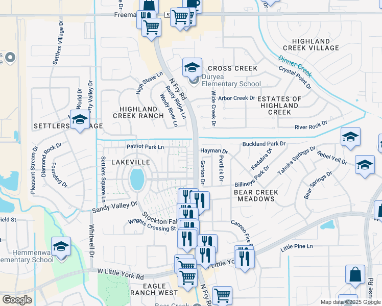 map of restaurants, bars, coffee shops, grocery stores, and more near 6442 Provident Green Drive in Katy